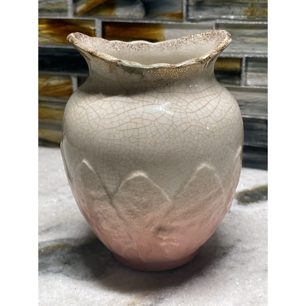 Vintage Johnson Brothers England Crackle Glazed Vase Pink Cream Gold Rim